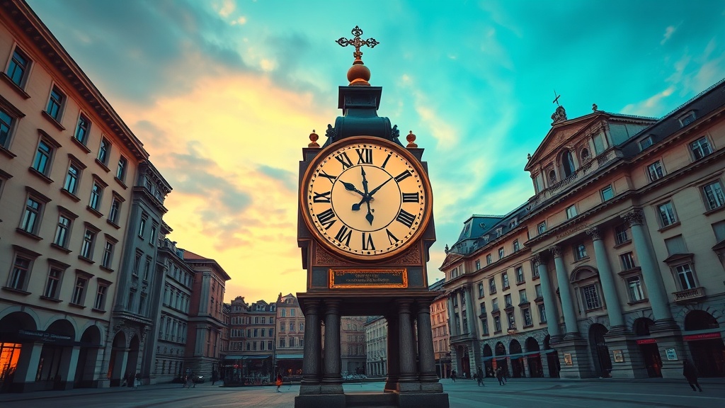 Public clock on a civic plaza at dusk